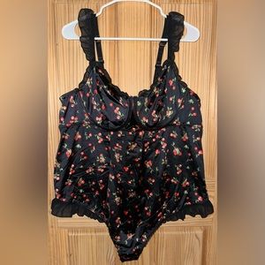 Torrid Black Cherries Ruffle Trim Back Bow Underwire Bodysuit